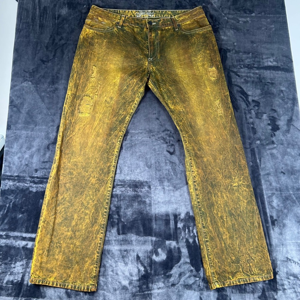 Robin's Jean Denim Jeans Mens 40 Yellow Acid Wash Studded Wing Distressed